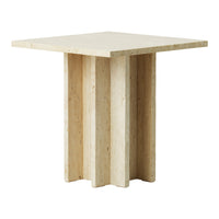 Light beige square side table with a textured, multi-column base. Modern minimalist design.