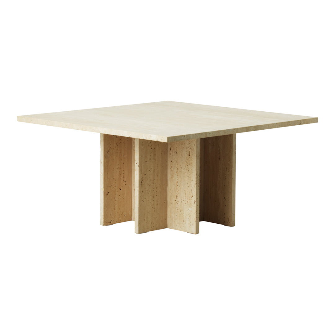Light beige square table with a smooth surface and minimalist four-legged design. Perfect for modern decor.
