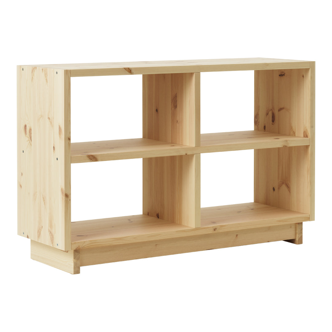 Natural pine wood bookshelf with a smooth finish and four open compartments, featuring a minimalist design.