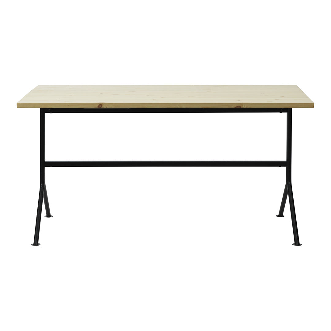 Natural wood tabletop with a smooth finish, paired with a sleek black metal frame for a modern look.