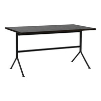 Black rectangular table with a solid surface and contrasting black metal legs, featuring a sleek, modern design.