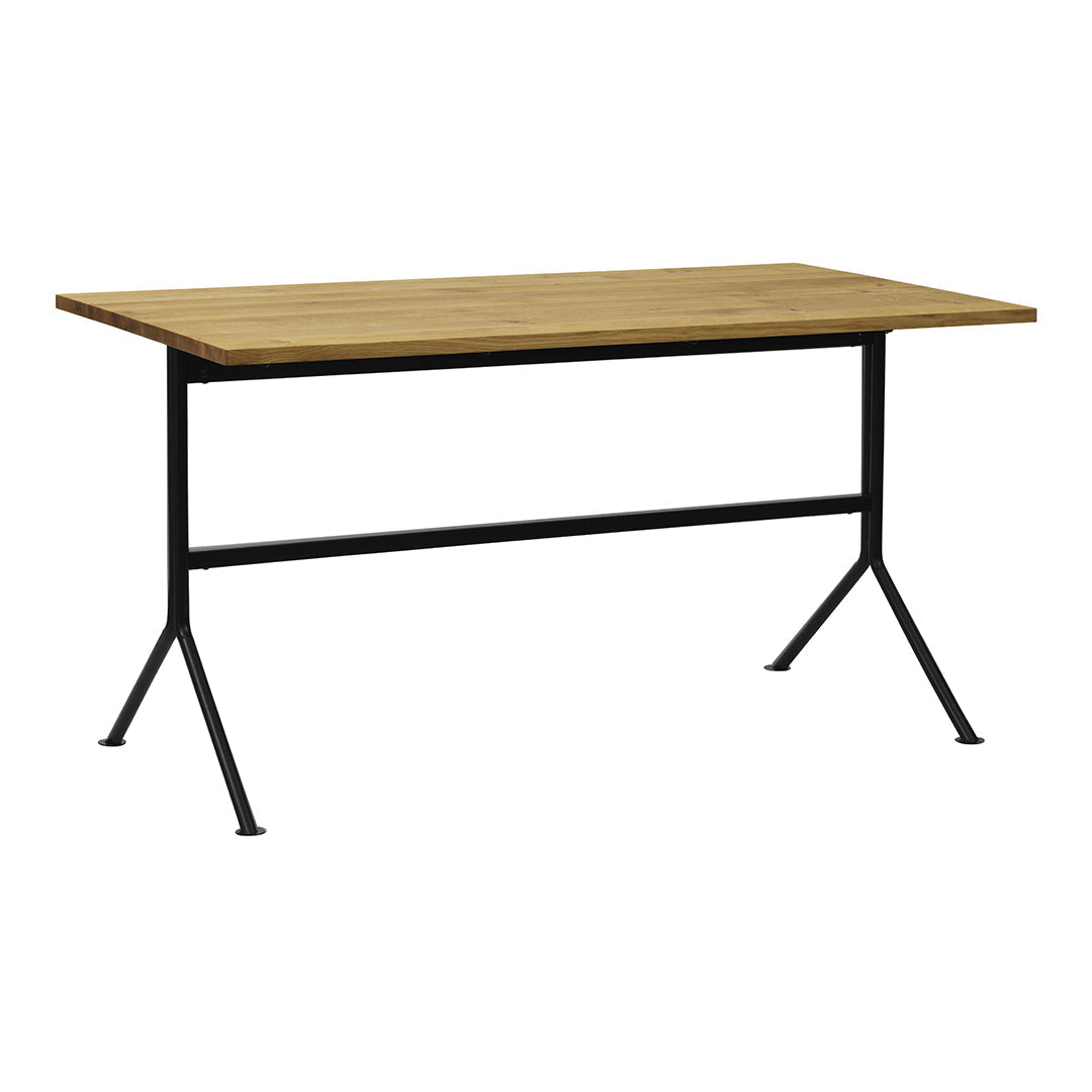 Natural wood tabletop with a subtle grain pattern, paired with sleek black metal legs for a modern look.