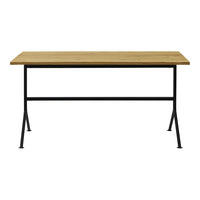 Natural wood table with a light oak finish, featuring a sleek black metal frame and minimalist design.
