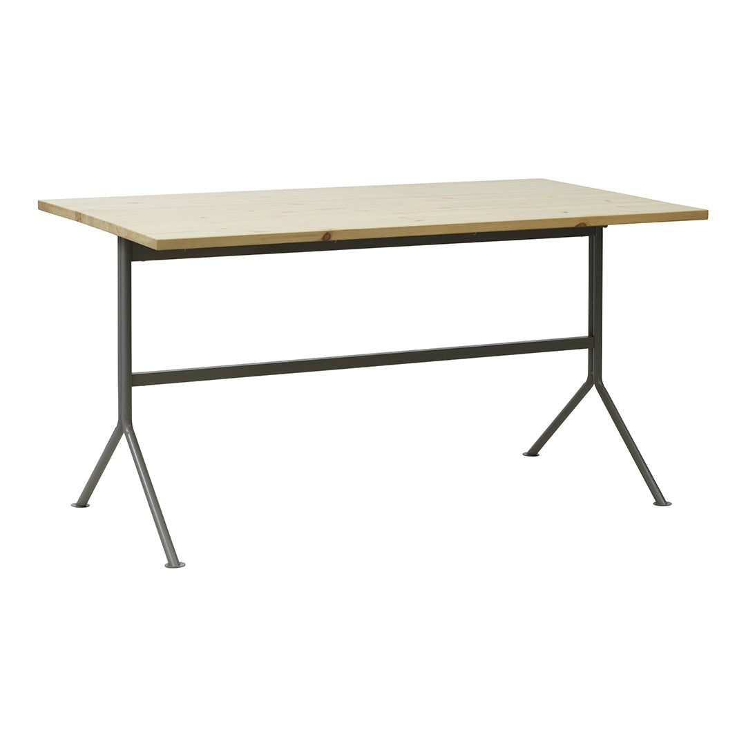 Natural wood tabletop with a light finish, contrasting dark metal legs, minimalistic design, sleek and modern style.