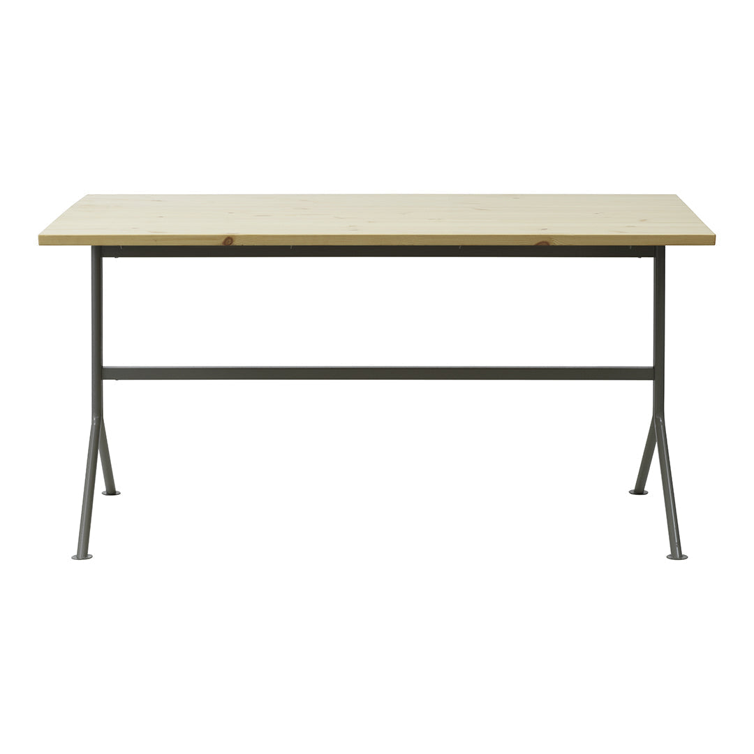 Light wood tabletop with a smooth finish, paired with a contrasting black metal frame and slender legs.