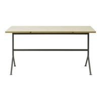 Light wood tabletop with a smooth finish, paired with a contrasting black metal frame and slender legs.