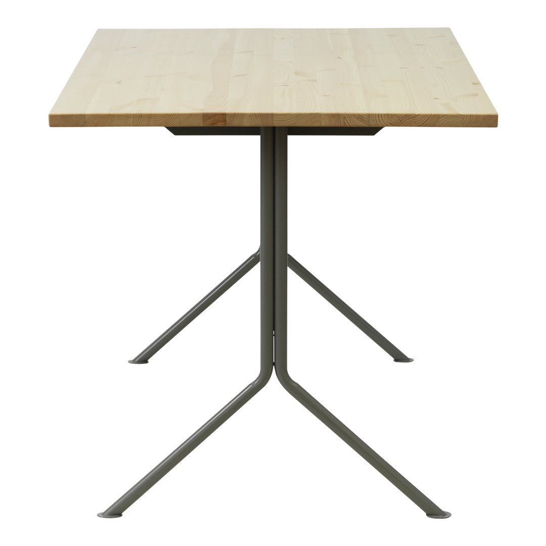 Natural wood grain tabletop with a light finish on a sleek gray metal base. Modern, minimalist design.