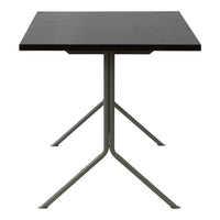 Black square table with a sleek metal base, featuring a minimalist design and clean lines. Perfect for modern decor.