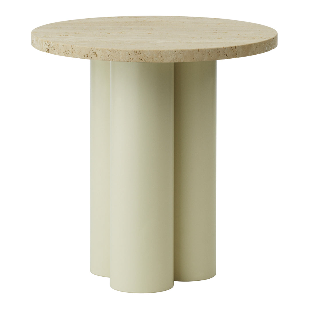 Round table featuring a neutral stone top and soft green, cylindrical legs, ideal for modern decor.