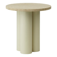 Round table featuring a neutral stone top and soft green, cylindrical legs, ideal for modern decor.