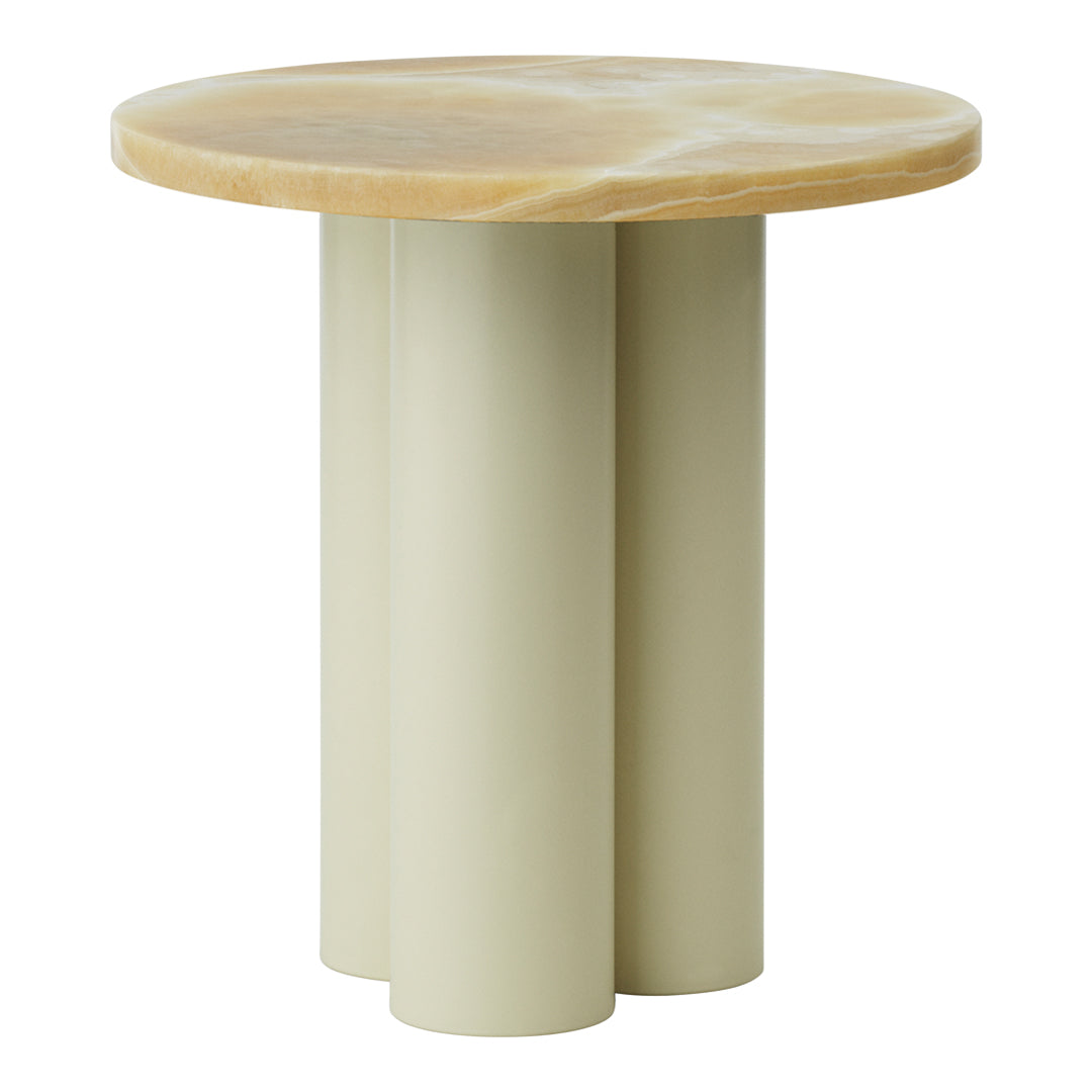 Stylish side table with a beige marble top and three light green cylindrical legs. Modern and minimalist design.