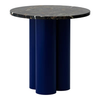 Round table featuring a dark marble top and three navy blue cylindrical legs, sleek and modern design.