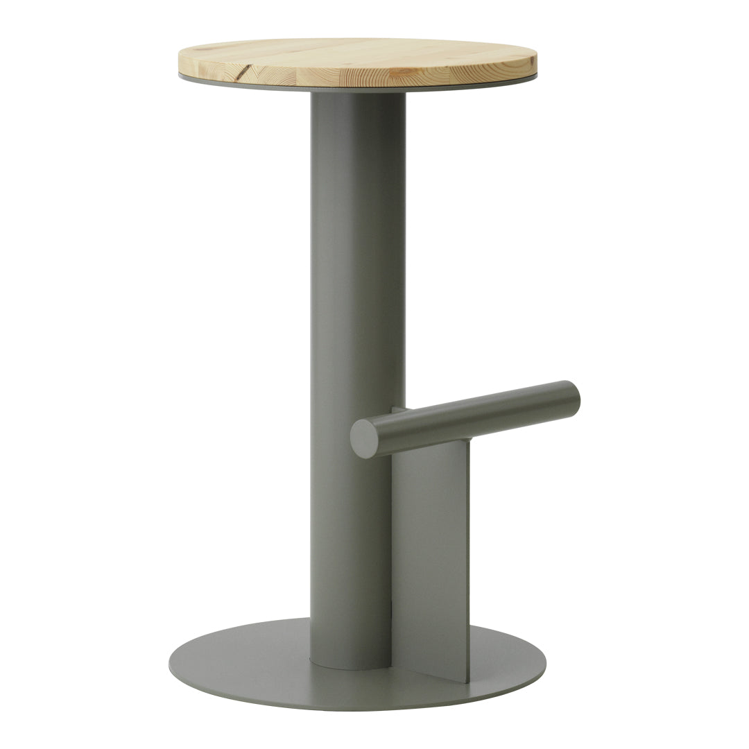 Gray metal side table with a natural wood top and minimalist design, featuring a round base and simple patterns.