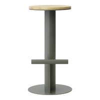 Metallic gray base with wood top, featuring a smooth finish and modern, minimalistic design.