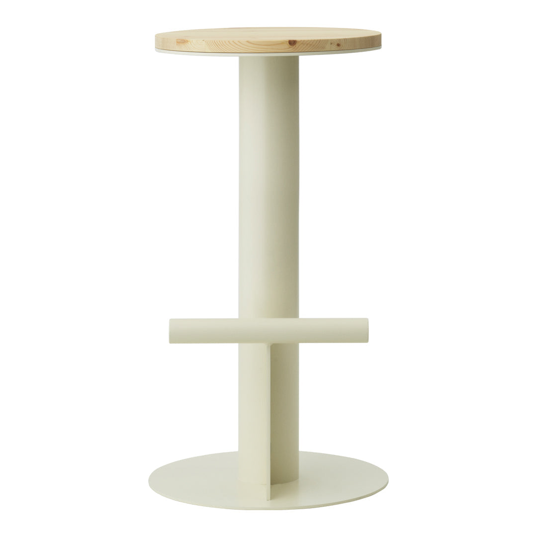 Minimalist cream-colored stool with a natural wood top and a simple geometric design. Ideal for modern decor.