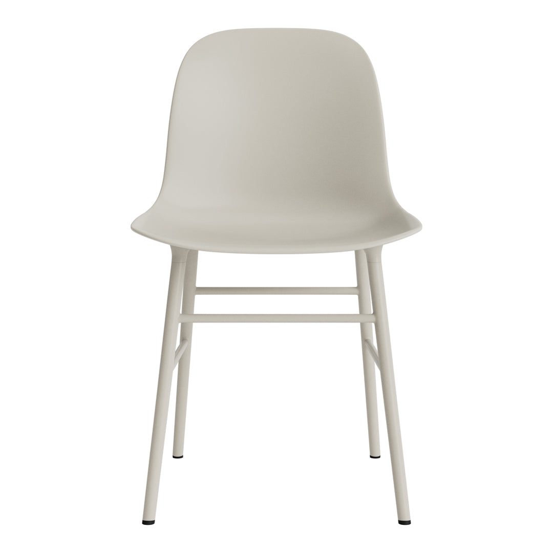 Neutral gray dining chair with a smooth, minimalist design and sturdy white legs. Perfect for modern interiors.