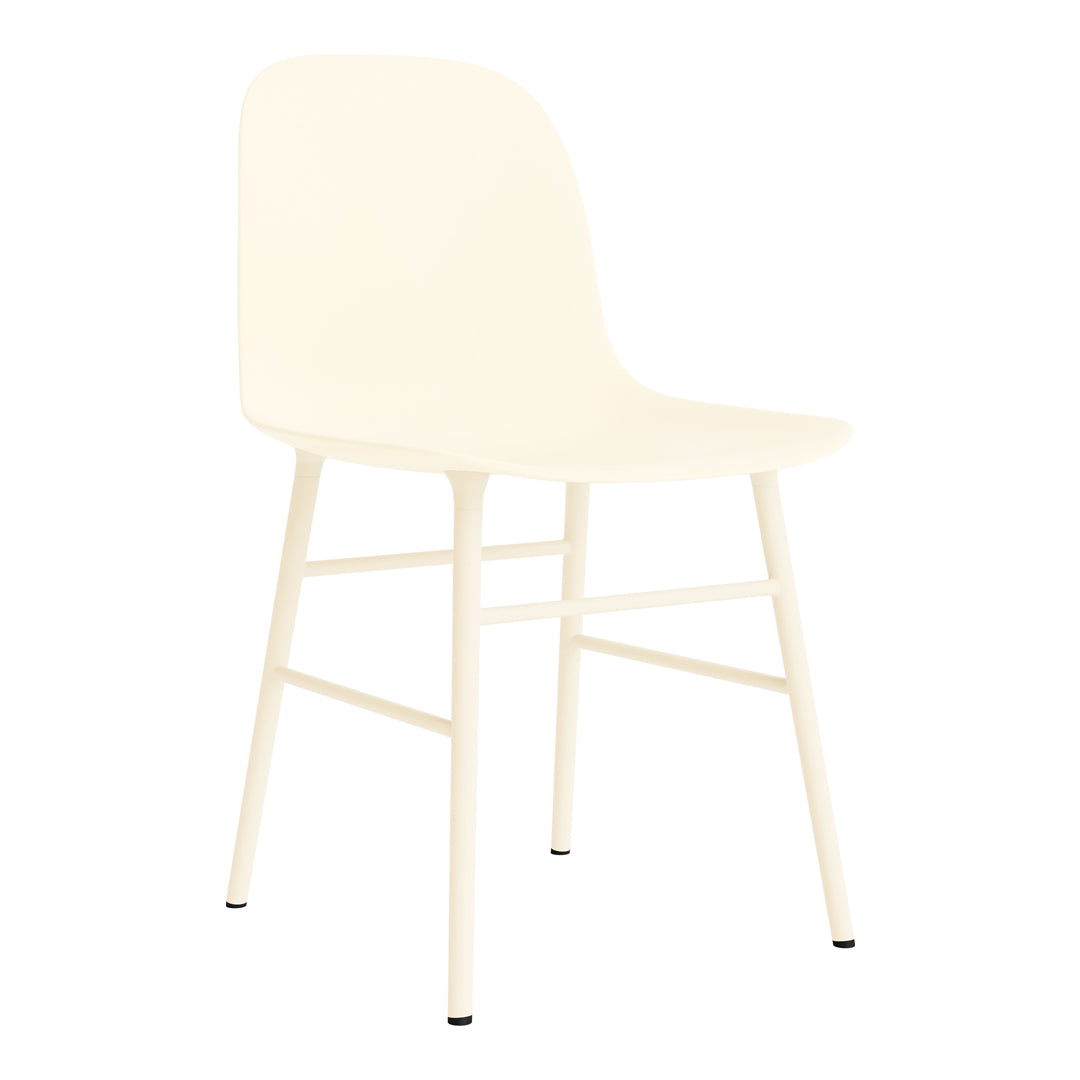 Cream-colored chair with a smooth, minimalist design and white metal legs, perfect for modern interiors.