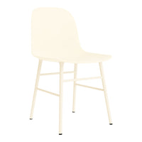 Cream-colored chair with a smooth, minimalist design and white metal legs, perfect for modern interiors.