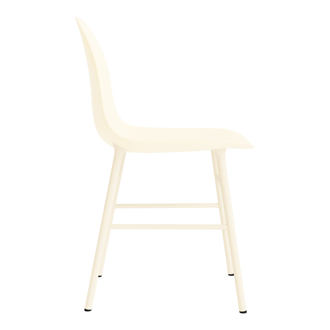 Cream-colored minimalist chair with a smooth, curved design and sleek metal legs, ideal for modern decor.
