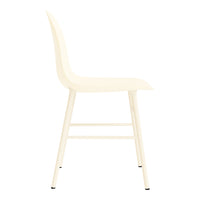 Cream-colored minimalist chair with a smooth, curved design and sleek metal legs, ideal for modern decor.