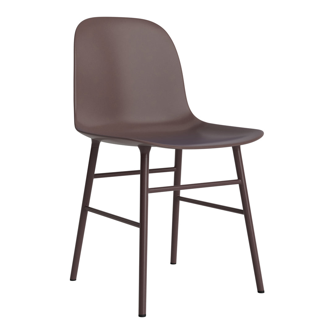 Brown plastic chair with a smooth finish and slender metal legs, featuring a minimalist design.