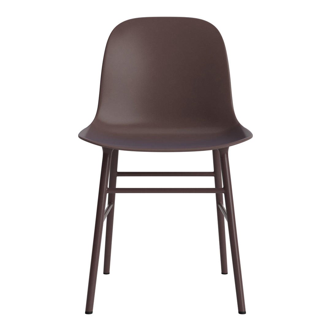 Brown plastic chair with sleek design and minimalist black metal legs, perfect for modern decor.