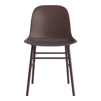 Brown plastic chair with sleek design and minimalist black metal legs, perfect for modern decor.