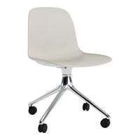 "Light beige chair with a smooth finish and a sleek chrome base, featuring five rolling wheels."