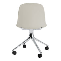 Light gray upholstered chair with a sleek chrome base and rolling casters, perfect for modern workspaces.