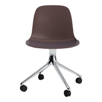 Brown molded chair with a sleek chrome base and rolling casters, featuring a minimalist design. Ideal for modern spaces.