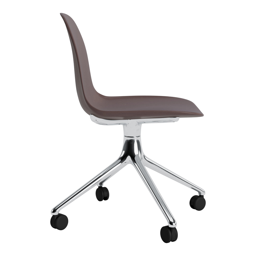 Brown ergonomic chair with a sleek chrome base and smooth, minimalist design. Ideal for modern office spaces.