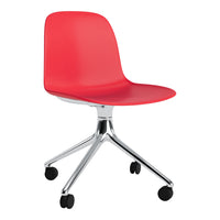 Bright red ergonomic chair with a sleek chrome base and smooth curves, perfect for modern office or home decor.