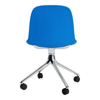 Bright blue upholstered chair with a sleek chrome base and rolling wheels, perfect for modern office decor.