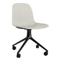 Modern cream-colored chair with a sleek black base and smooth, minimalist design. Ideal for stylish workspaces.