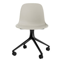 Light beige ergonomic chair with a sleek black five-point base and rolling wheels, perfect for modern office decor.