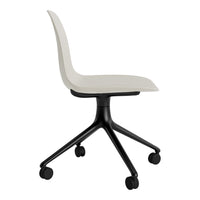 Modern white and black office chair with a sleek design and smooth curves, featuring a minimalist style and rolling casters.
