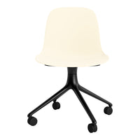 Cream chair with a smooth surface and a sleek black rolling base, perfect for modern office decor.
