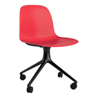 Bright red plastic chair with a minimalist design and a sleek black rolling base. Perfect for modern spaces.