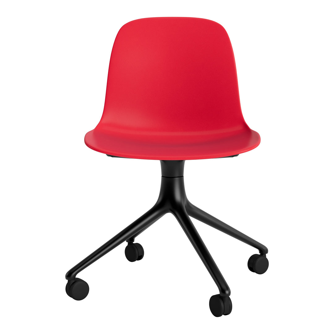 Bright red chair with a smooth finish and a black wheeled base, featuring a minimalist design perfect for modern decor.