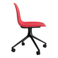 Red ergonomic chair with a sleek design and a black five-point rolling base. Perfect for modern office settings.