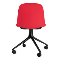 Red upholstered chair on a black wheeled base, featuring a sleek, minimalist design and smooth curves.