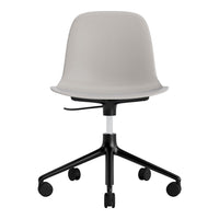 Gray ergonomic office chair with a smooth finish and a sleek black base, featuring five rolling wheels.