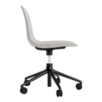 Gray ergonomic office chair with a smooth contour and a black wheeled base. Ideal for modern workspace aesthetics.