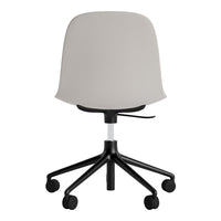Light gray upholstered office chair with a sleek black five-star base and smooth rolling wheels. Minimalist design.