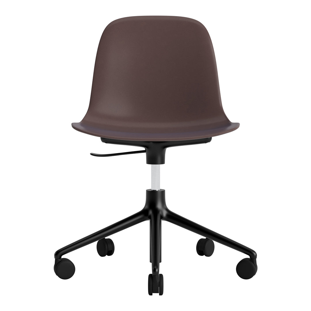 Brown ergonomic office chair with smooth, minimalist design and five black rolling wheels, perfect for modern workspaces.