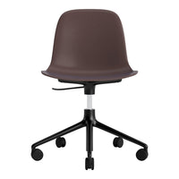 Brown ergonomic office chair with smooth, minimalist design and five black rolling wheels, perfect for modern workspaces.