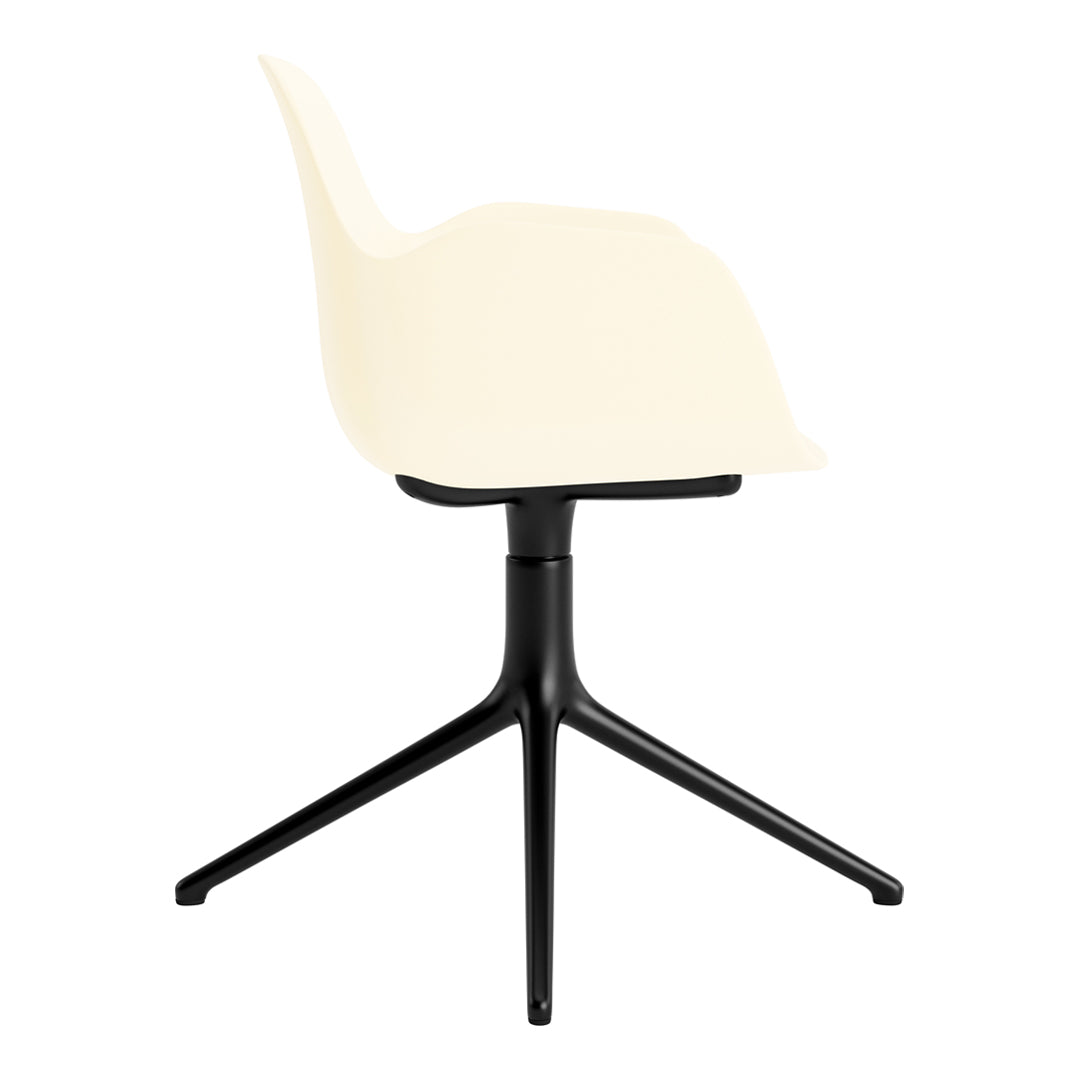 Cream-colored chair with a sleek, modern design and a contrasting black swivel base. Simple and elegant style.