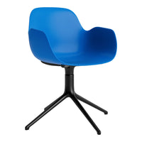 Bright blue chair with a curved design and a black tripod base, perfect for modern decor.