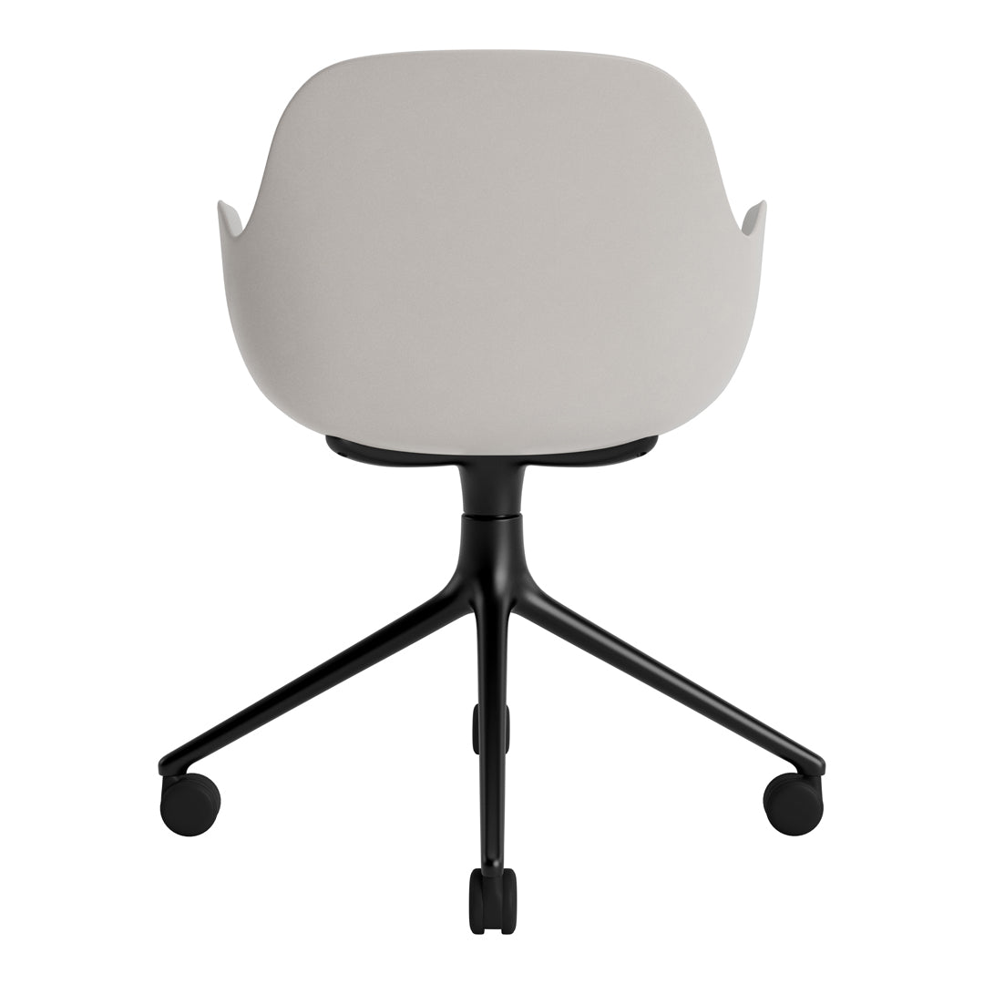 Light gray ergonomic chair with a sleek black base and five caster wheels, perfect for modern office decor.