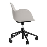 Light grey desk chair with a smooth finish and a contrasting black five-star base and wheels.
